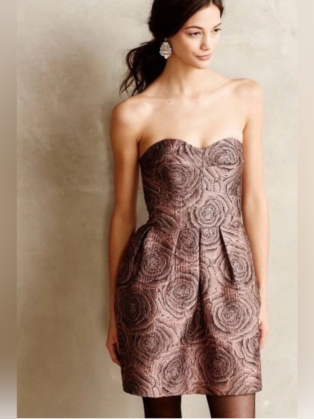 Hutch Strapless Rose-Jacquard Brown Dress